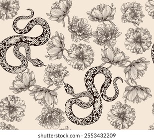 A pattern of brown snakes intertwined with floral designs creates a nature-inspired piece of art with serpentine shapes and intricate details.	