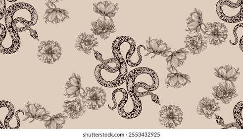 A pattern of brown snakes intertwined with floral designs creates a nature-inspired piece of art with serpentine shapes and intricate details.	\