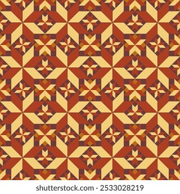 A pattern of brown and yellow squares with stars in the middle. The squares are arranged in a way that creates a sense of movement and energy for background, fabric, textile, wallpaper,decoration etc