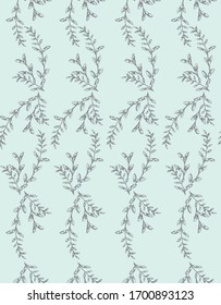 Pattern with brunch with small leaves in vertical line in light blue in toile de jouy style