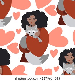 The pattern is a brunette girl with a white fox in her hands on a white background with hearts. A girl with an animal takes care of her neighbor. Animals in the hands of a curly brunette. cartoon girl