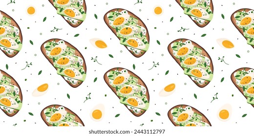 Pattern with bruschetta, boiled eggs and greenery