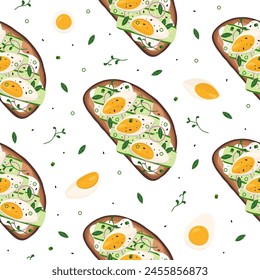 Pattern with bruschetta, boiled eggs and greenery