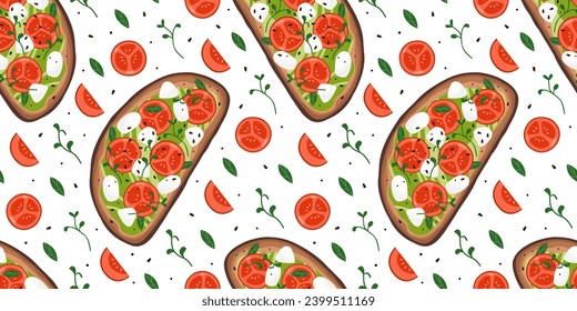 Pattern with bruschetta, tomato and greenery