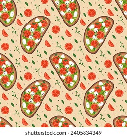 Pattern with bruschetta, tomato and greenery