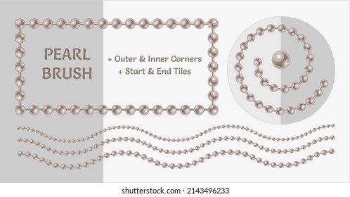 Pattern brush with beige pearl beads. Chain brush with corners, end and start tiles. Classic pastel colors. Isolated on light backgrounds.