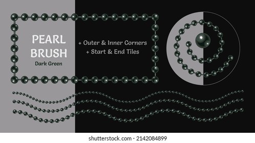 Pattern brush with dark green pearl beads. Chain brush with corners, end and start tiles. Classic black coloration of pearl. Isolated on dark backgrounds.