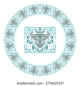 Pattern brush element and round frame with ornamental sacred cow face. Bull head on floral patterned border.
