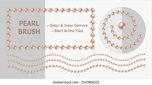Pattern brush with orange beige pearl beads. Chain brush with corners, end and start tiles. Classic pastel colors. Isolated on light backgrounds.