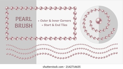 Pattern brush with pink pearl beads. Chain brush with corners, end and start tiles. Classic pastel colors. Isolated on light backgrounds.