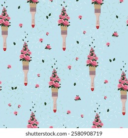 Pattern with a brush that paints with flowers, roses on blue background