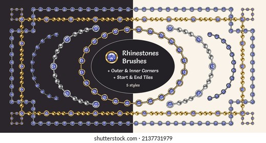 Pattern brushes with blue sapphire rhinestones and metal beads. Chain brushes with corners, end and start tiles. Gold and silver version. Isolated on white and black background.