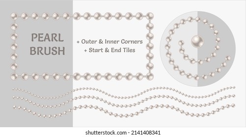 Pattern brushes with white pearl beads. Chain brush with corners, end and start tiles. Classic pastel colors. Isolated on light backgrounds.