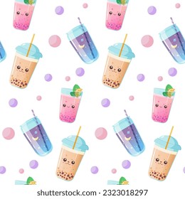 pattern of bubble tea and tapioca in a kawaii 