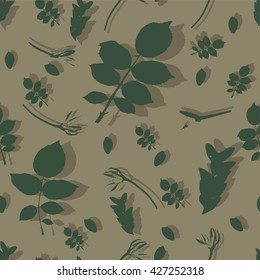 Pattern with bud, twigs and leaves of roses on the beige background