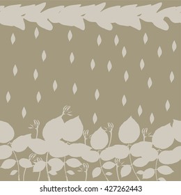 Pattern with buds and leaves of roses on a beige background with rain