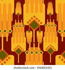 Muster stylisierter Blumen in orangefarbenen Tönen, geometrisches nahtloses Muster mit stylisierten Blumen