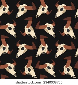 A pattern with a buffalo skull on a black background. Seamless pattern. Print from the wild West. Vector illustration. Tattoo with vintage print. A colored buffalo skull in western style