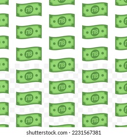 Patrón de billetes en lev búlgaro sobre fondo transparente con mini doodle (icono) y color verde. Ilustración vectorial