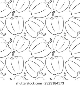Pattern with Bulgarian Peppers. Outline vegetable. Bell pepper. Cooking food and salad. Pattern for the kitchen. Product on the market. Linear image. Vector illustration