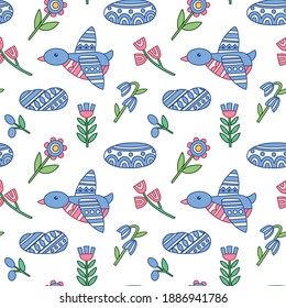 Pattern with bullfinch and flowers. Vector graphics