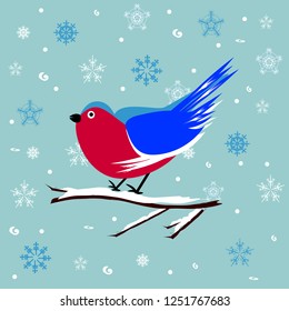 Pattern of bullfinch on a branch, blue and white snowflakes, Christmas holiday background for printing, postcards,