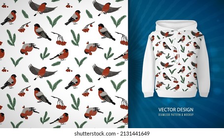 Pattern with bullfinches. Seamless pattern with birds, leaves and rowan berries. Example of applying a pattern on a hoodie layout