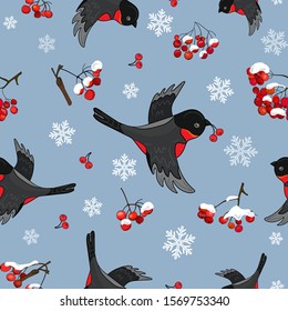Pattern of bullfinches, snowflakes and clusters of mountain ash under the snow