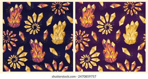 Pattern with bunch of colorful crystal gems on dark background. Magical, glowing minerals inside. Fractal, spiral ornament. Fantasy, mystical concept. Warm color palette. Vintage style