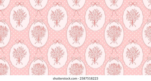 Pattern of bunch of flowers in frames on dots background. Seamless pattern of frames with bouquet of flowers. 