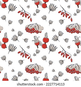 pattern with a bunch of mountain ash under the snow, wild rose, barberry