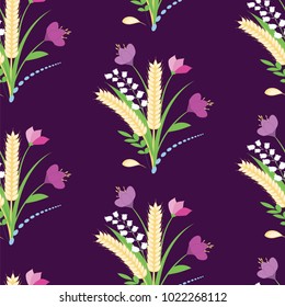 Pattern - Bunch of wildflowers and spikelets - lilac background - vector art illustration
