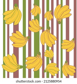 Pattern of bunches of bananas of various sizes with green and brown stripes background for seamless prints. Vector illustration.