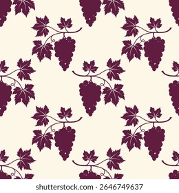 Pattern of bunches of ripe grapes, grapevine with burgundy berries, silhouette of grapevine on cream background.