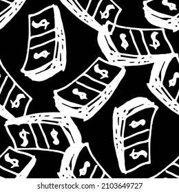 a pattern of a bundle of money with a dollar sign. Seamless pattern of a voluminous bundle of American dollar banknotes top view, hand-drawn in the style of doodles with a white outline, often randoml