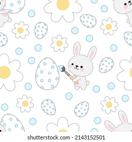 Pattern of bunnies coloring an egg, blue dots, flowers and small eggs.