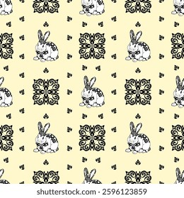 Pattern with bunnies cute Seamless easter background damask. For happy easter.