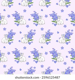 Pattern with bunnies cute Seamless easter background with beautiful flowers. For happy easter.