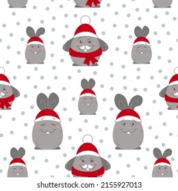 A pattern of bunnies in hats and scarves