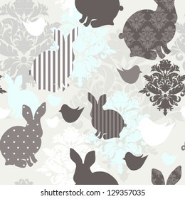 Pattern with bunnies and rocking horses Seamless easter background