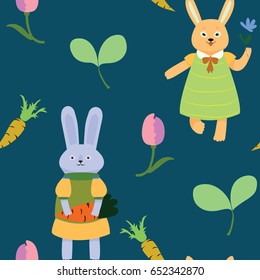 Pattern with bunnies, tulips and carrots on the cerulean background