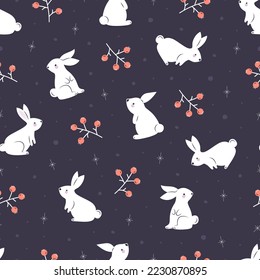 Сhristmas pattern with bunnies. Wrapping paper, winter greetings, web page background, Christmas and New Year greeting cards