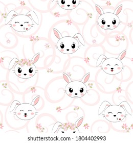 Pattern with a Bunny face. Cute rabbit with flowers. Vector illustration
