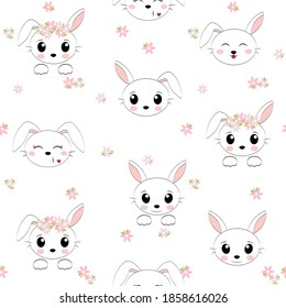 Pattern with a Bunny face. Cute rabbit with flowers. Vector illustration