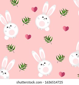 Pattern with a bunny and green branch on a pale pink background. Love for rabbits, you are in our hearts. Vector children's illustration.