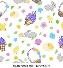 pattern with bunny, little yellow chickens in different poses, easter eggs, basket, lettering and branch with leaves and flowers in pastel colors