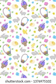 pattern with bunny, little yellow chickens in different poses, easter eggs, basket, lettering and branch with leaves and flowers in pastel colors
