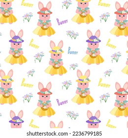 Pattern with a bunny in a skirt and hat