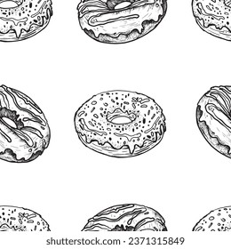 Pattern with buns, bread, hand-drawn. Vintage pastries, desserts made of wheat, coarse flour for a bakery or cafeteria. Background for cafe menu, for textiles.