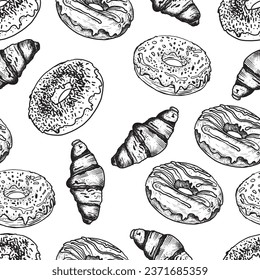 Pattern with buns, bread, hand-drawn. Vintage pastries, desserts made of wheat, coarse flour for a bakery or cafeteria. Background for cafe menu, for textiles.